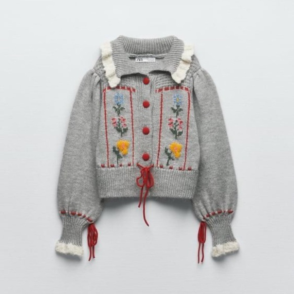 Zara Gray Floral Knit Cardigan with Red Trim